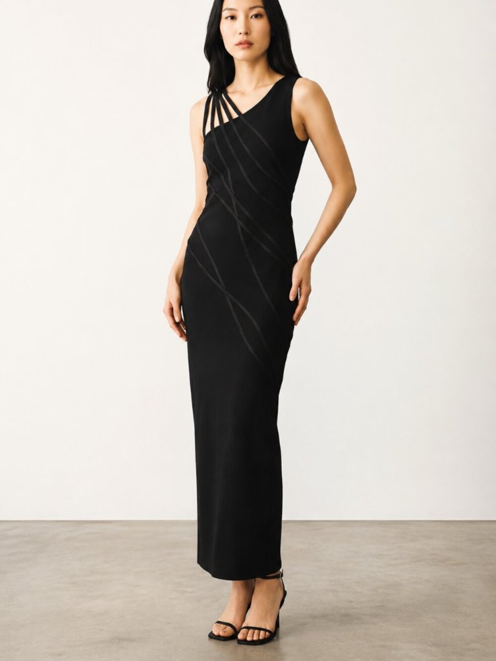 Vintage 1990s Tadashi Black Evening Dress Strappy Back Maxi USA Size S XS Slit
